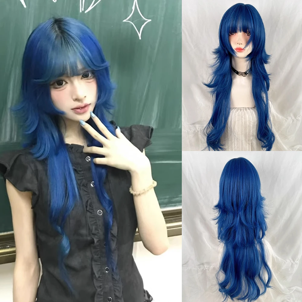 

Long Wavy Jellyfish Head Blue Synthetic Layered Wigs with Bangs Y2K Lolita Cosplay Fluffy Women Wig for Daily Party