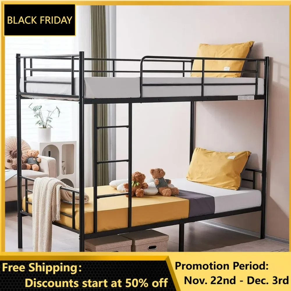 Bunk Bed Twin Over Twin, Metal Bunk Bed with Built-in Ladder and Safety Guardrail, Space-Saving Twin Bunk Beds for Kids, Teens