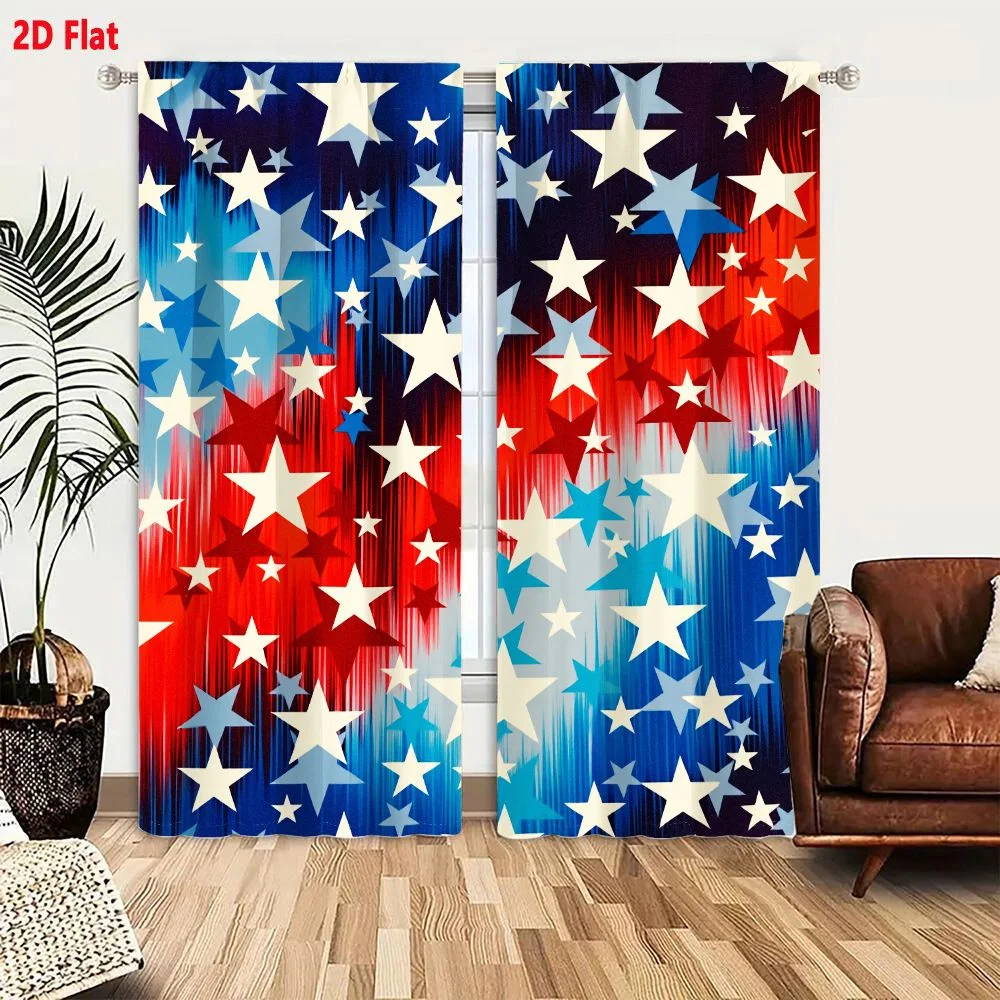 2Pcs Curtains 2D Flat Vibrant Abstract Stars Pattern Red White Blue American Flag Motif Festive Digital Glitch Art Window Drapes