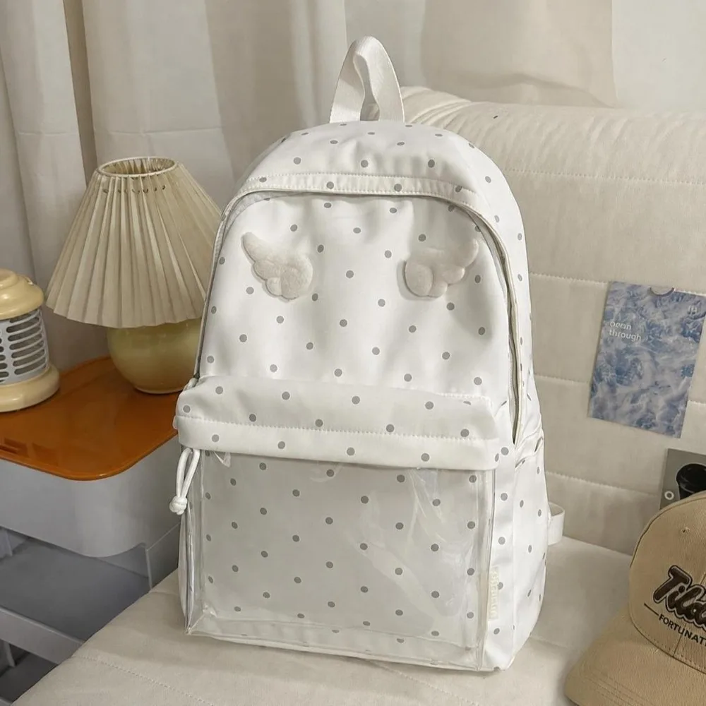 2 Sizes Polka Dot Backpack Polka Dot Pattern Large Capacity Angel Wings Backpack Transparent Pocket School Daypack for Girls