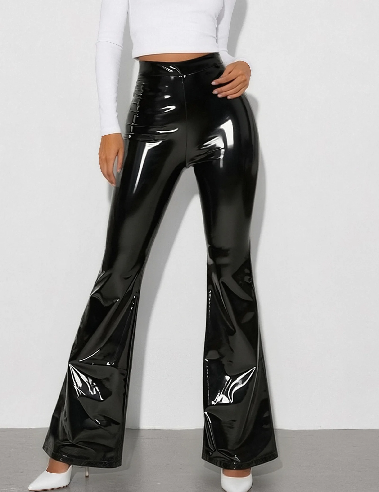 Women's Shiny Faux Leather High Waist Elastic Bell Bottom Flare Pants Ladies Faux Latex Sexy PU Trousers