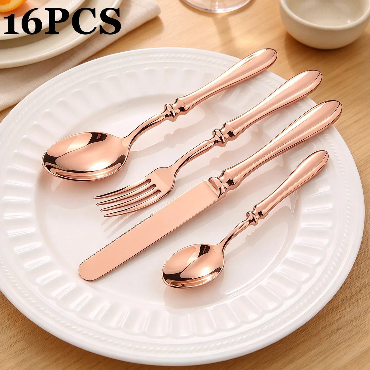16Pcs Solid Round Handle Silverware Set Western Stainless Steel Dinnerware for 4 People Mirror Polished Table Knife Fork Spoon