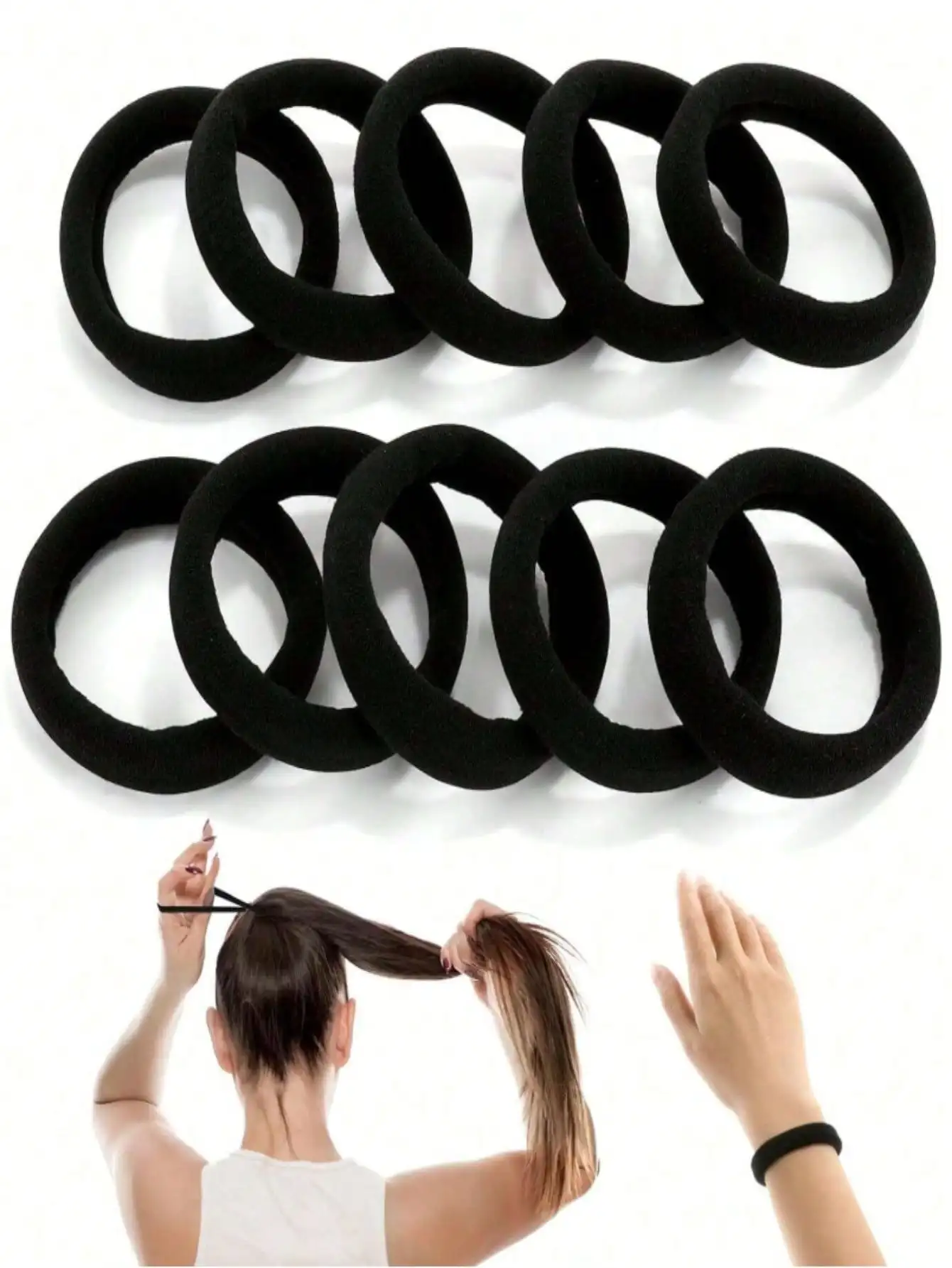 

100pcs Large Black Hair Ties, Thick Seamless Stretchy Hair Elastics For Women Girls