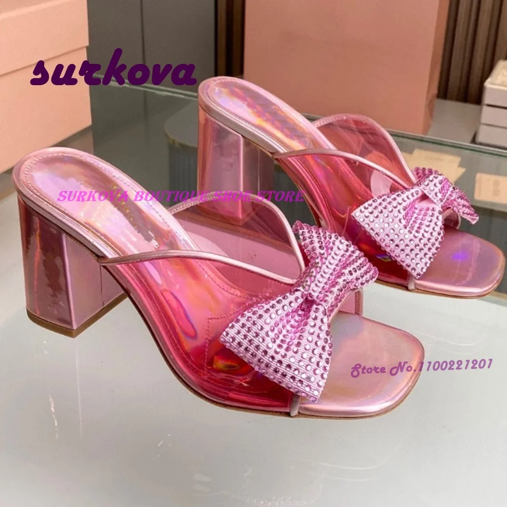 

Pink Crystal Butterfly-knot Slippers Chunky Heels Mules Open Toe Patent Leather Glossy Pvc Summer Party Runway Shoes Elegant