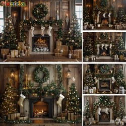 Mocsicka Merry Christmas Photography Backdrop Winter Xmas Tree Fireplace Decor Holiday Party Kid Adult Portrait Photo Background