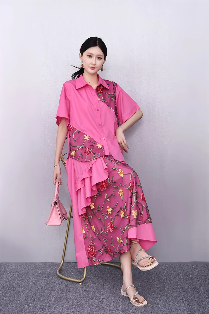 2025 봄 여름 신상 우아한 자수 반팔 상의 여성 루즈핏 롱 스커트 투피스 세트 여성 J1074