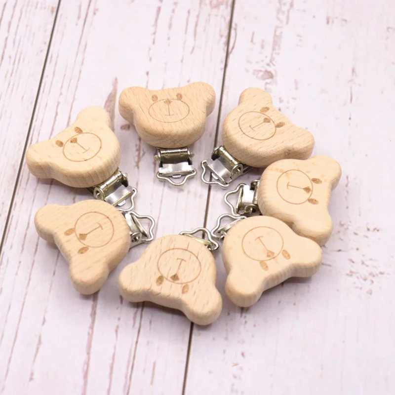 5pcs Natural Wooden Animal Pacifier Metal Clips Baby Accessories Food Grade Holder Heart Pacifier Wooden Baby Teether