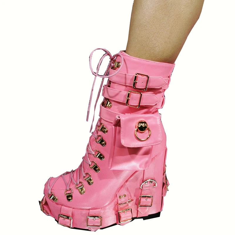 Women Pocket Metal Buckle Platform Wedge Boots Dolly Pink Black Laser Leather Super High Heel Punk Boots Club Motorcycle Boots