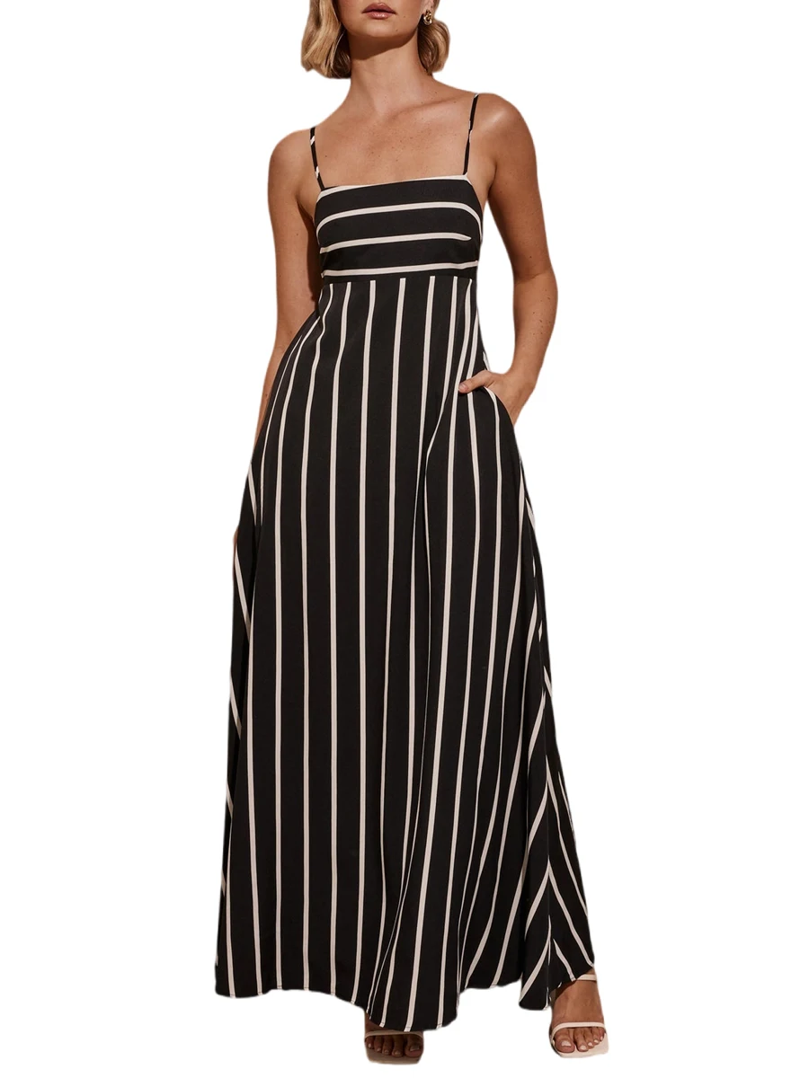 

Women Spaghetti Strap Sleeveless Dress Summer Striped Print A-Line Party Dress for Vacation Cocktail Beach Streetwear