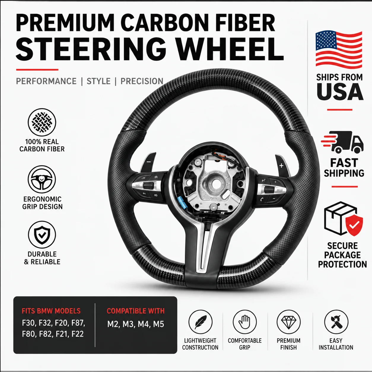 For BMW F30 F32 F20 F87 F80 F82 F21 F22 M3 Style Carbon Fiber Quick Release Steering Wheel with Paddle Shifters Leather Finger Grips Direct Fit