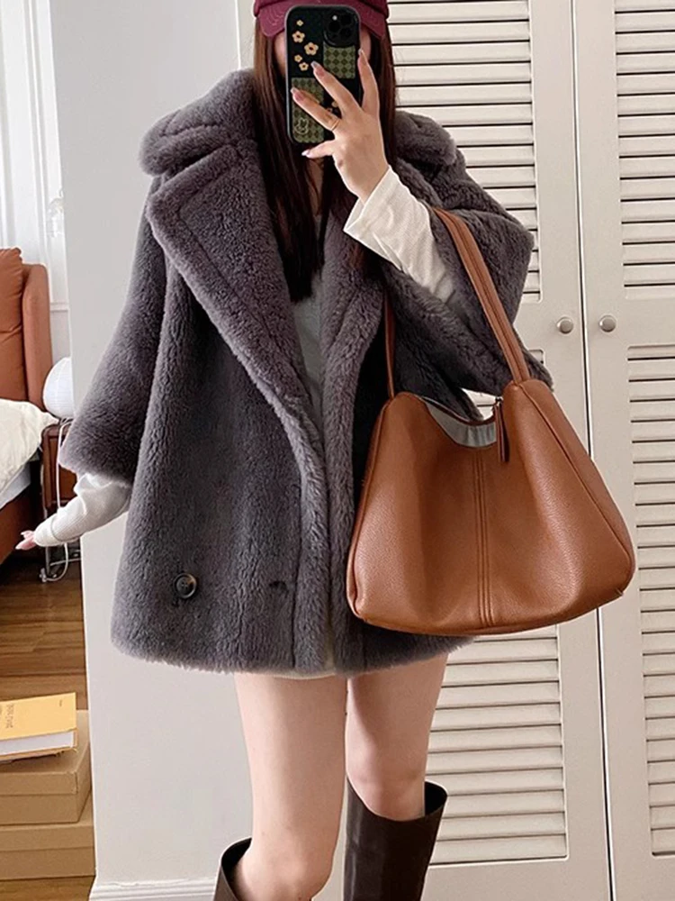 LANMREM Short Lamb Wool Coat For Women Lapel Collar Loose Sleeves Solid Color Female Luxury Warm Clothing 2024 Winter 2DA8020