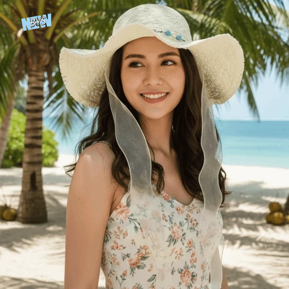 

Breathable Vacation Beach Cap Lightweight with Turquoise Big Brimmed Straw Hat Sunshade Topi with Lace Woven Sun Cap Daily