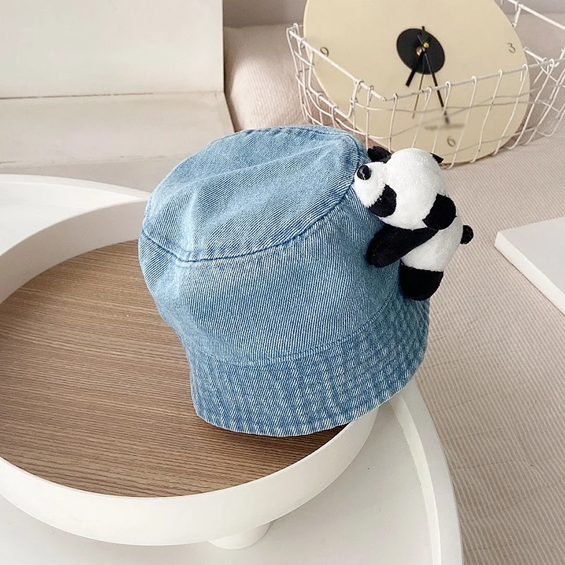 Cartoon Panda Decoration Camping Baby Bucket Cap for kids 6M-4Y Vintage Cotton Washed Denim Fisherman Hat Casual Outing Sun Cap