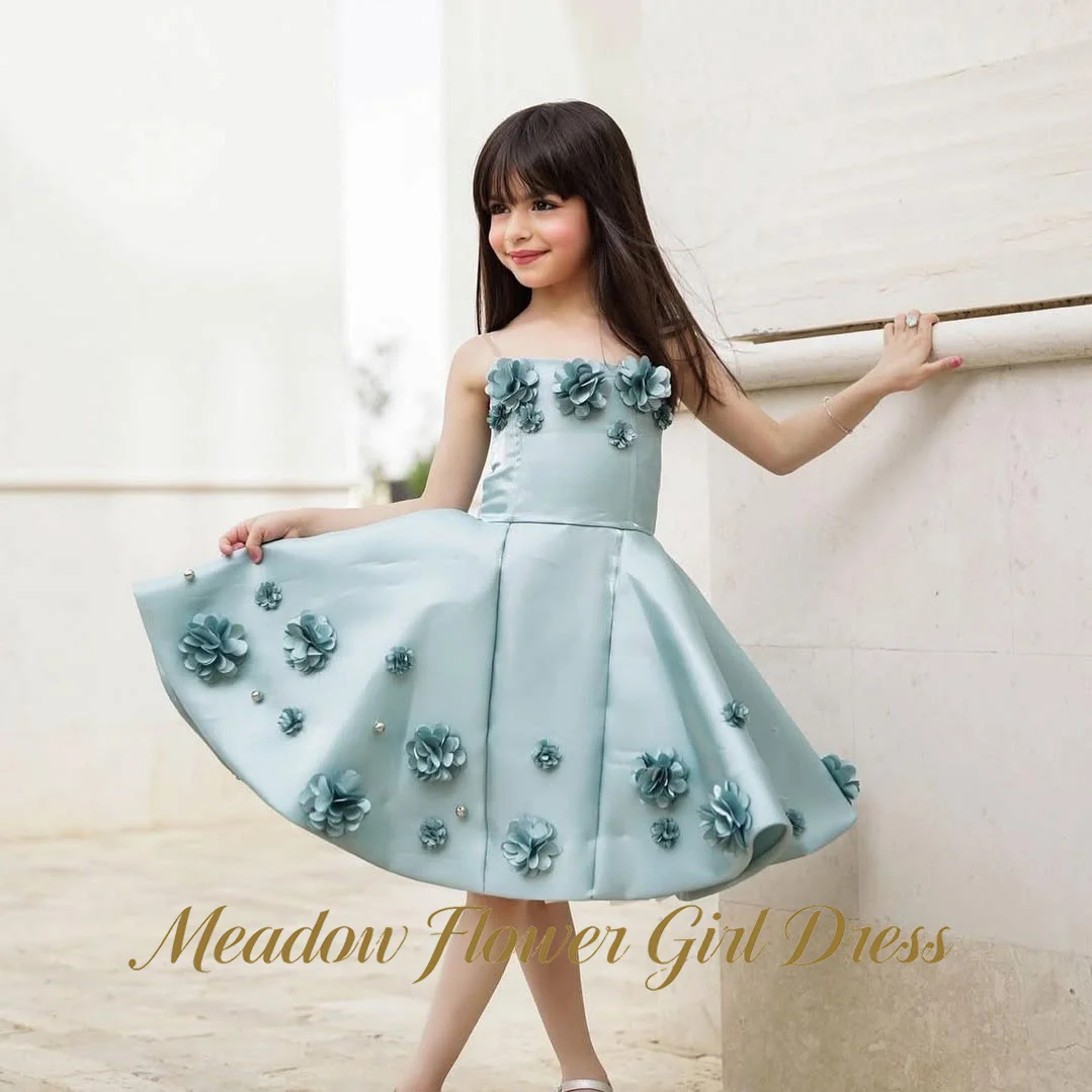 Meadow Mint Blue Satin Flower Girl Dress Strapless A Line Baby Kids Birthday Dress 3D Flowers with Bead Pageant Dress for Girl