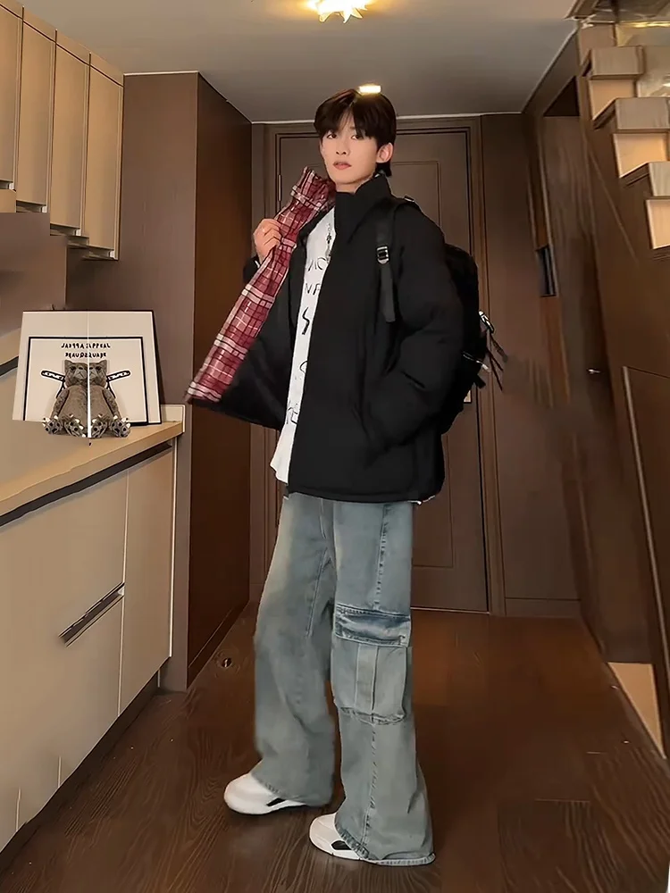 

Red Plaid Patchwork down Cotton Jacket Men's Thickened Winter Coat American High Street Design Youth Cotton Outerwear