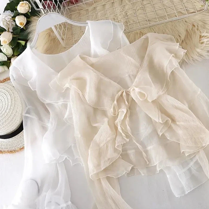 Chic Flare Sleeve Sun Proof Blouse Women Elegant Thin Sweet Shirt Korean Fashion Casual Lace Up Female Summer Sexy Cropped Tops