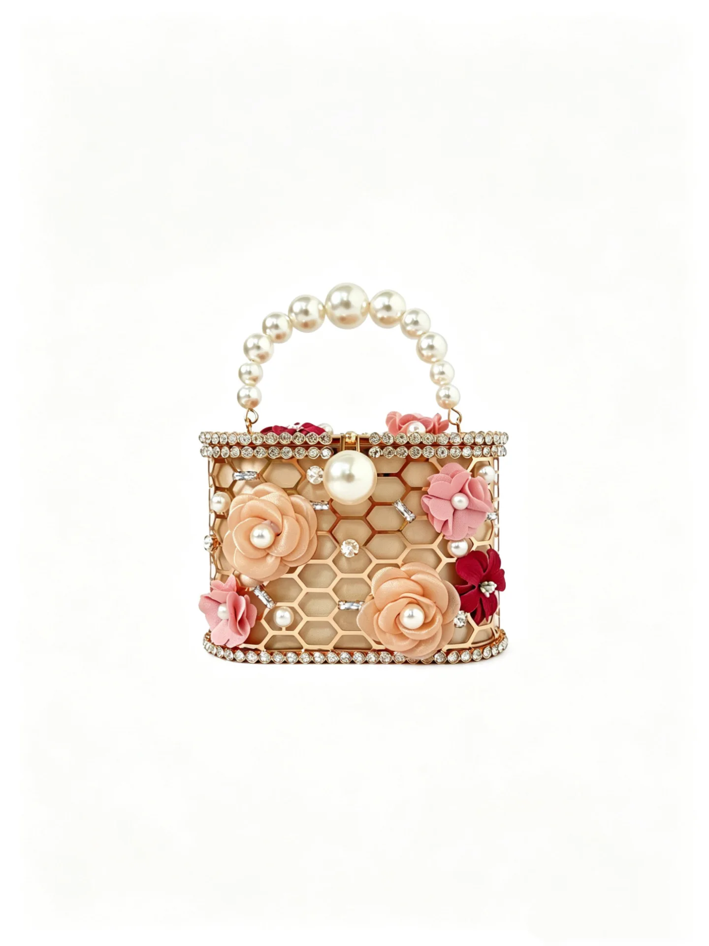New French Retro Metal Diamond-Encrusted Hollow Pearl Flower Dinner Bag Portable Vegetable Basket Messenger Women's Bag
