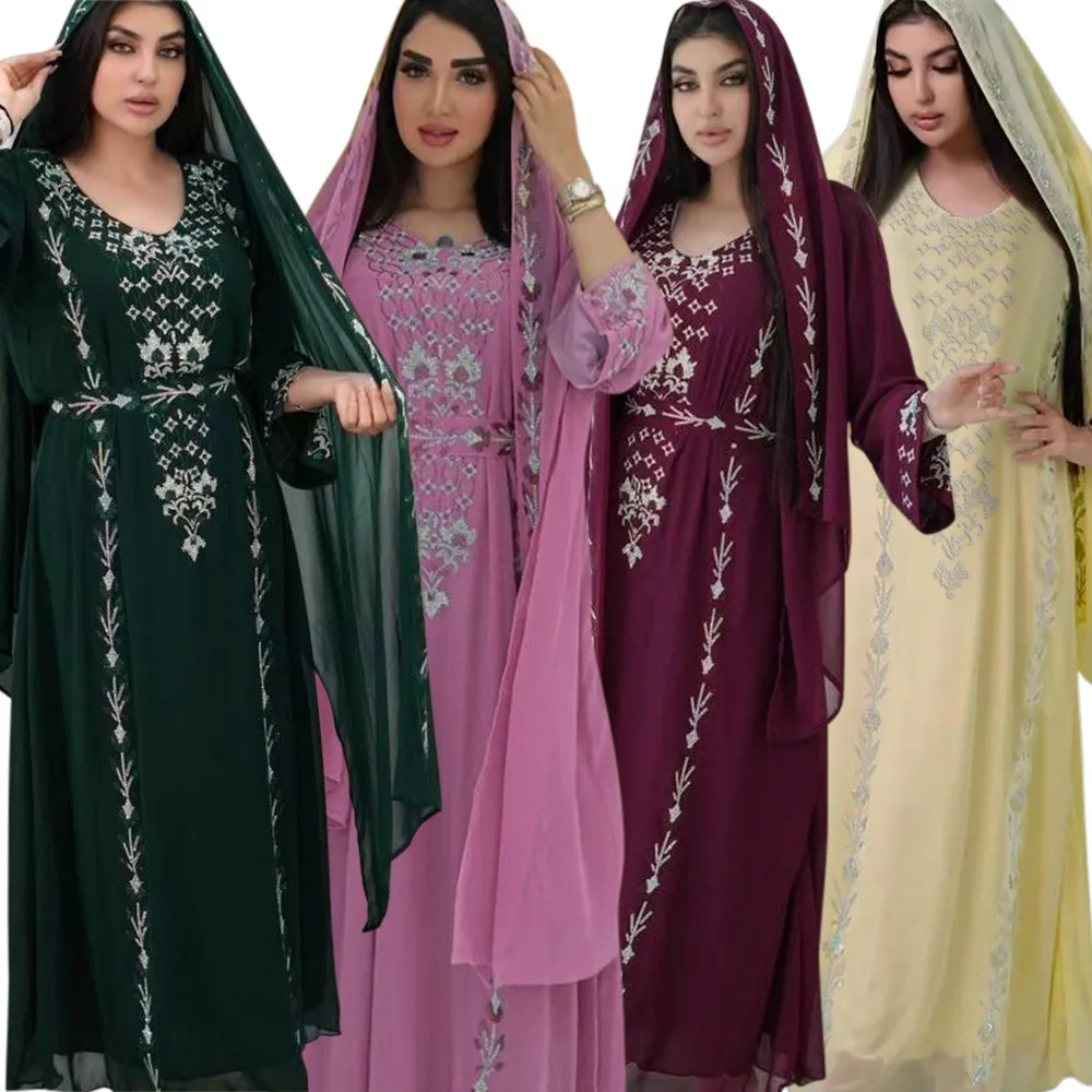 Autumn Women's Clothing Muslim Fashion Abaya Robe Rhinestone Style Home And Outdoor Chffion Dress