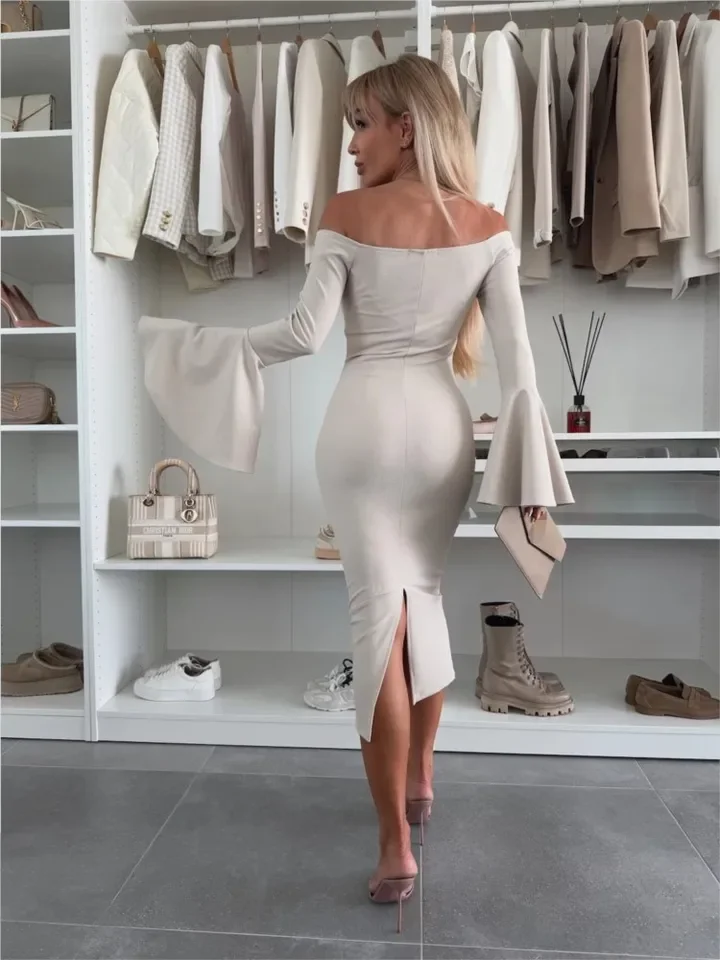New Spring Summer Solid Color Fashion One Piece Neck Sexy Off Shoulder Slimming Bag Horn Sleeve Dress For Women