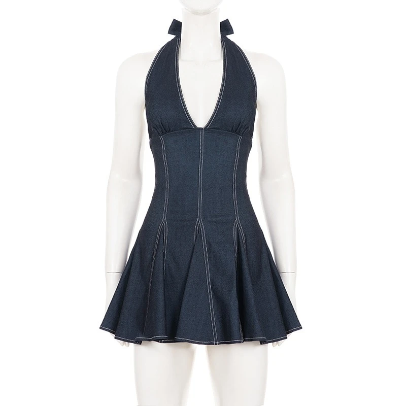 TARUXY Fashion Denim Pleated Halter Dress Women's Sleeveless Spliced Plunge Backless Mini Dress Sexy Slim Summer Party Clubwear - Image 6
