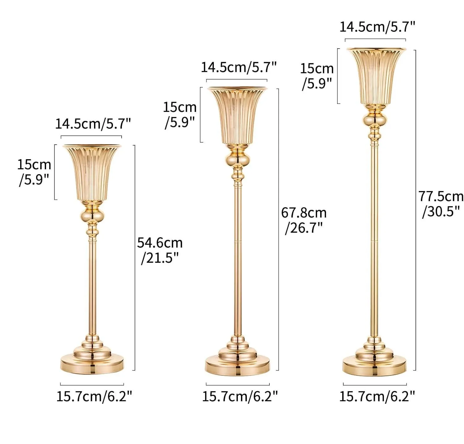 Glossy Gold Metal Fluted Vase Candlestick Holder, Dual Purpose Flower Vase & Candle Holder, Weighted Non-Slip Base, Wedding Banq