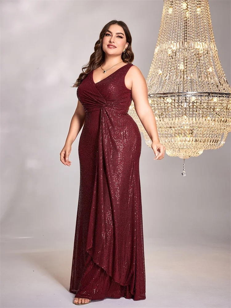 XUIBOL Plus Size elegant Women 2024 V-Neck Wedding Party Maxi Dress Sleeveless Sequins Evening Dress Long Prom Cocktail Dress