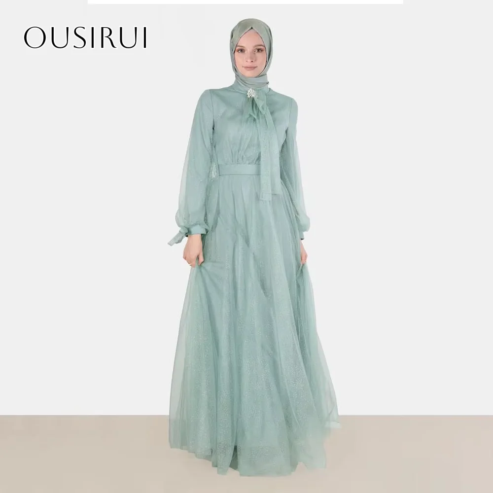 

Sequined Tulle A-line High-neck Prom Dress Sash Floor Length Long Sleeves Evening Dress Customized vestidos de fiesta elegantes