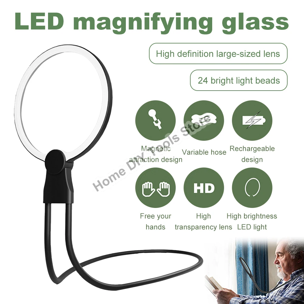 3X Magnifying Glass with 24 LED Lights Rechargeable Magnifying Glass for Neck Wear Seniors Sewing Low Vision Elderly