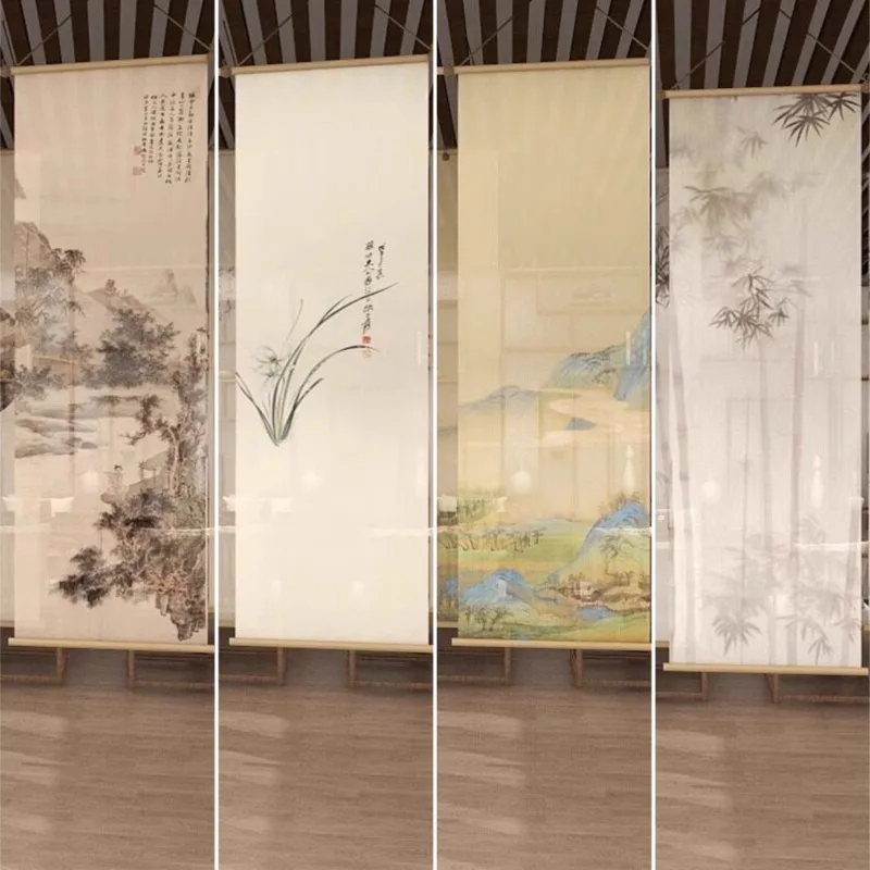 6Pcs/Set Ink Painting Sheer Voile Tapestry Semi-Transparent Canopy Drape for Tea Room Ceiling Home Background Curtains Decor