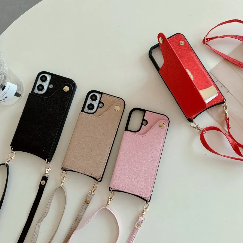 Mirror Crossbody Rope Phone Case for IPhone 16 15 Plus 14 13 12 11 Pro Max X XR 7 8 Wallet with Card Holder Leather Flip Cover