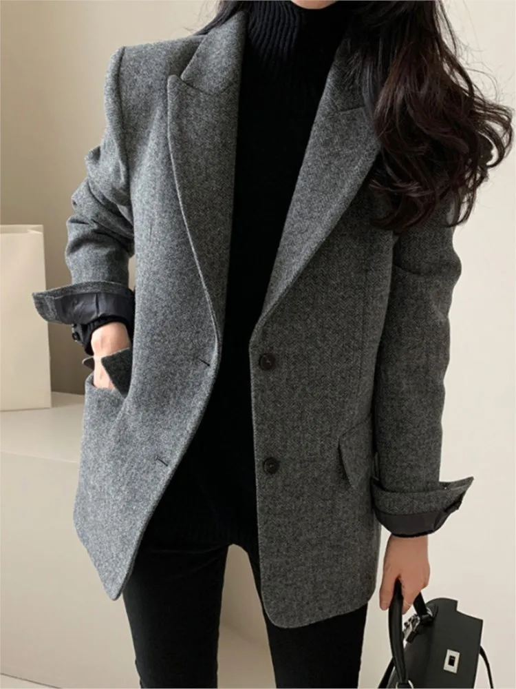 Women Elegant Autumn Blazer Jackets Turn Down Collar Buttoned Style Chic Business Workwear Loose Suit Coat New Arrival