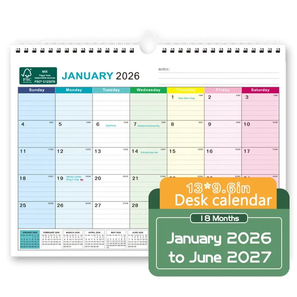 

Jan. 2026 - June. 2027 English Calendar Thick Paper Holidays Marked Wall Calendar with Hook Daily Study Hanging Calendar Home