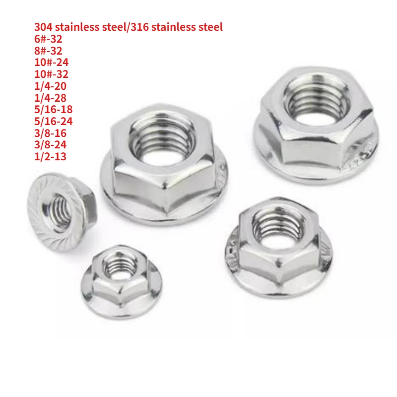 4-40pcs UNC UNF Hexagon Flange Nut 6#-32 8#-32 10#-24 To 1/2-13 Serrated Spinlock Flange Nuts 304/316 Stainless Steel Lock Nut