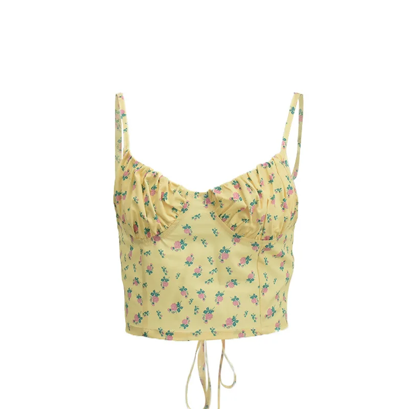 Zomer Nieuwe Cropped Top Feminino Clubwear Cottagecore Gele Bloemenprint Mouwloze Camis Crop Tops Sexy Rugloze Veters