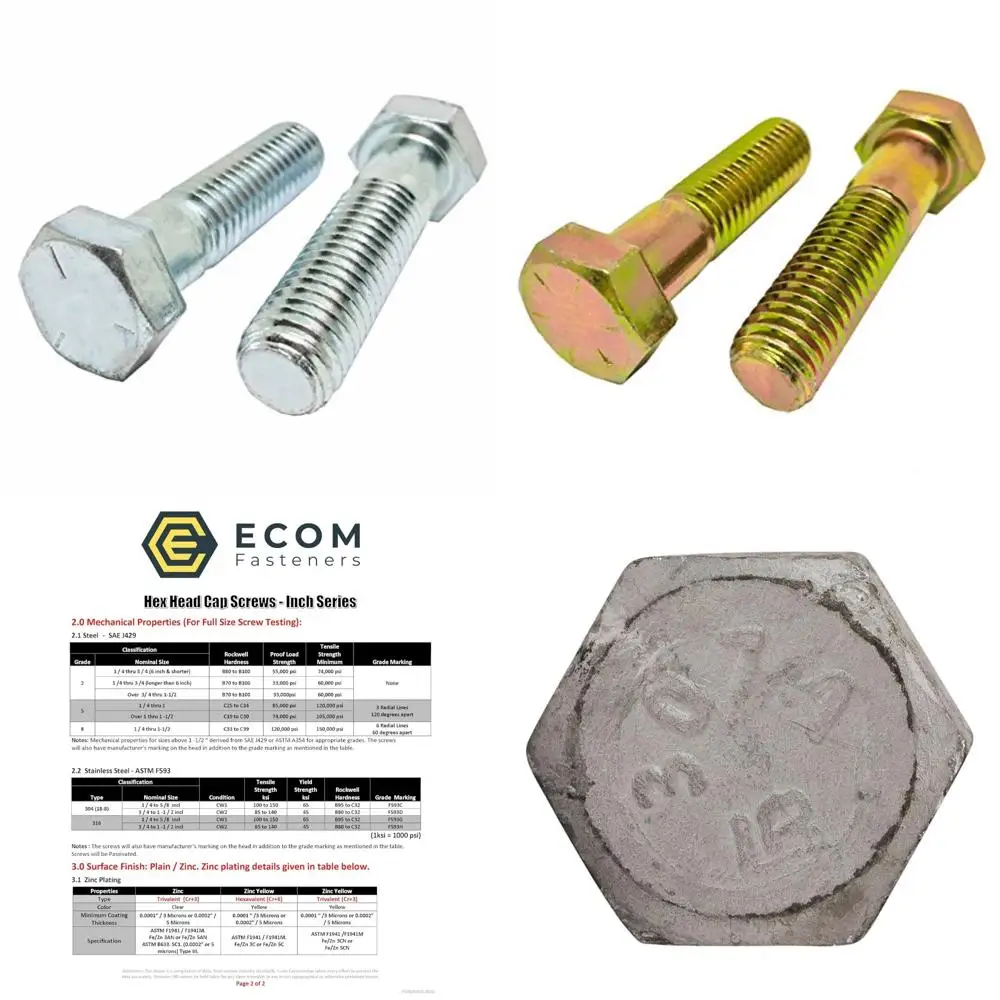 مسامير ذات غطاء سداسي مطلي بالزنك من الدرجة 5، خيط خشن، 5/16-18 × 1-3/8، 1000 قطعة، ملولبة جزئيًا، طول الخيط 0.875 #1