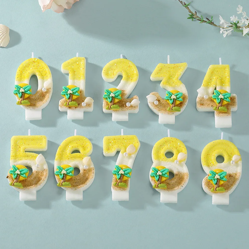 New Number Cake Candle Coconut Tree Ocean Glitter Birthday Candle 0 1 2 3 4 5 6 7 8 9 3D Number Topper Birthday Party Cake Decor view 4