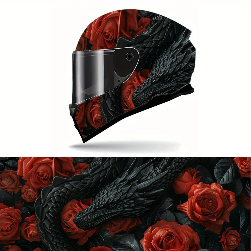 

Mysterious black dragon and red roses motorcycle vinyl wraps helmet decal,self-adhesive waterproof helmet decoration,universal m