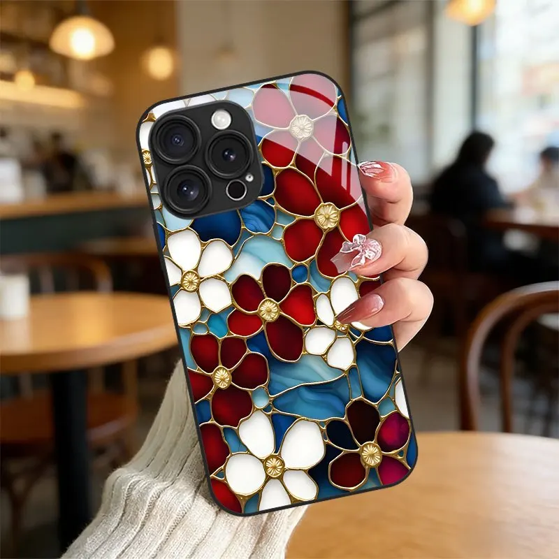 Art Deco Stained Glass Flower Glass phone case fashion phone cases fundas Phone Case for iPhone 17、16、15、14、13、12pm Pro Plus