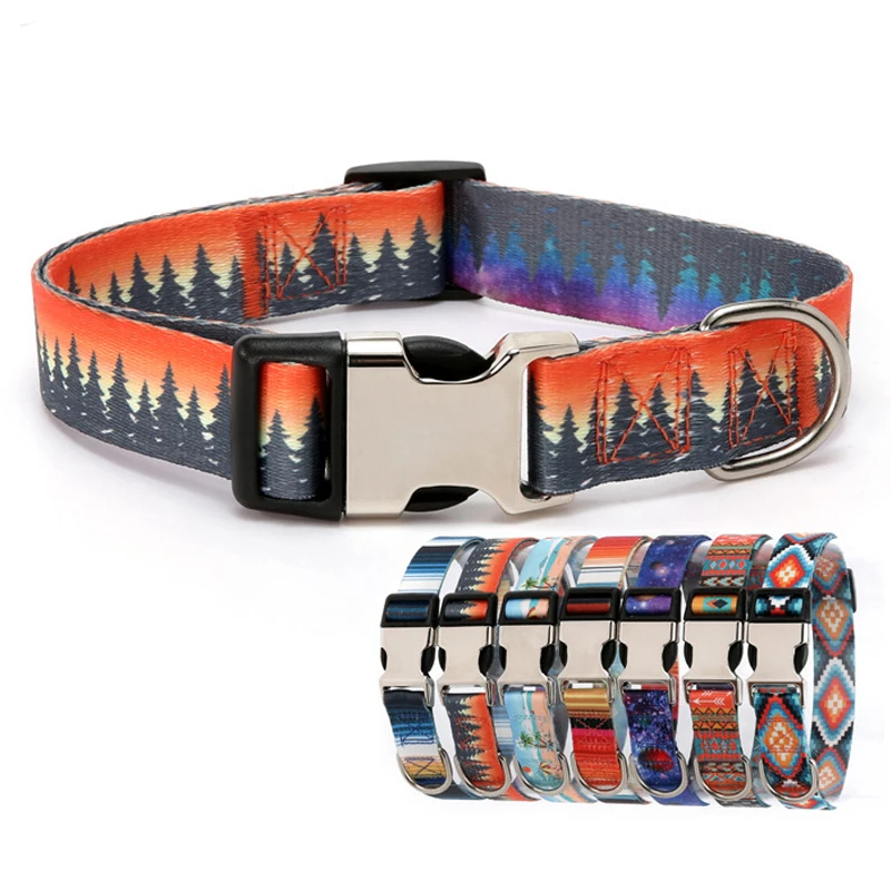 Personalised Forest Pattern Dog Collar Adjustable Nylon Pet Lead_voghion.com