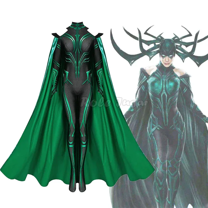 

Hela Cosplay Costume Thor 3 Ragnarok Supervillain Bodysuit Cape Ragnarok Hela Halloween Cosplay Costumes for Kids Aldult Women