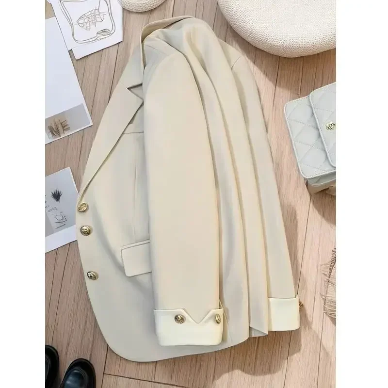 Kimotimo Blazer Women Autumn Winter Notched Collar Patchwork Long Sleeve Metal Button Jackets Korean Fashion Loose Tailored Coat