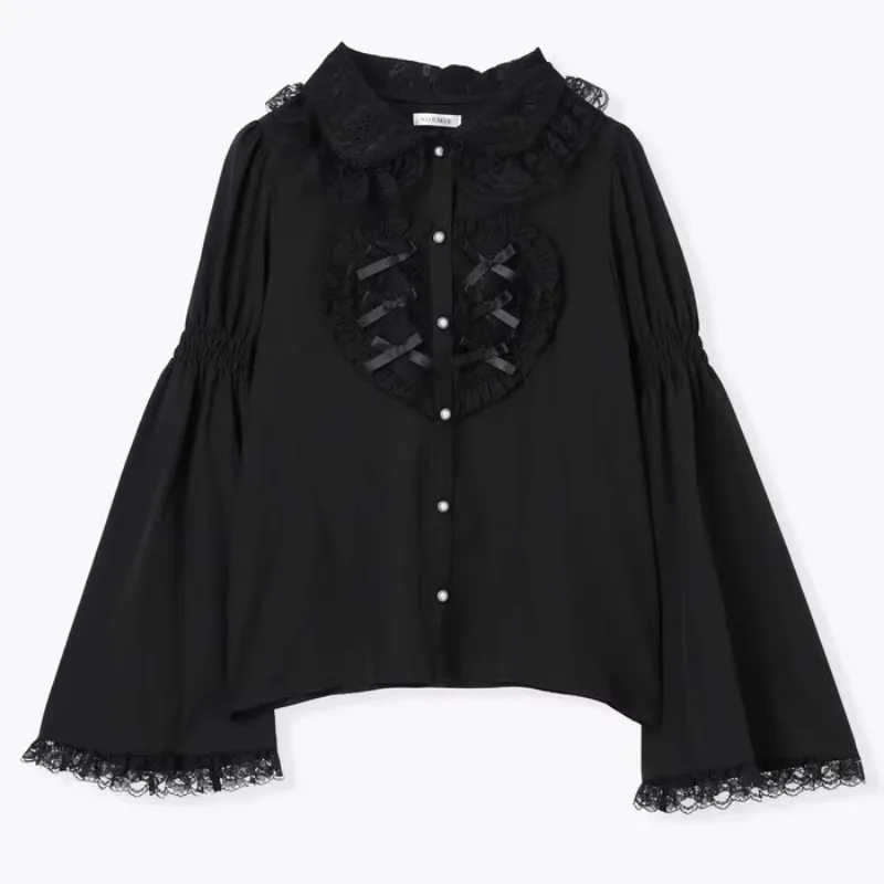 Japanese Lolita Original New Mine Series Big Love Lace Bow Pagoda Sleeves Single-breasted Shirt Black Sweet Cute Slimming Blouse