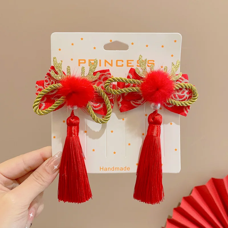

Красный детский бант, заколка для волос, новогодний головной убор для девочек, аксессуары ханьфу в китайском стиле, заколка для волос, заколка для волос, головной убор