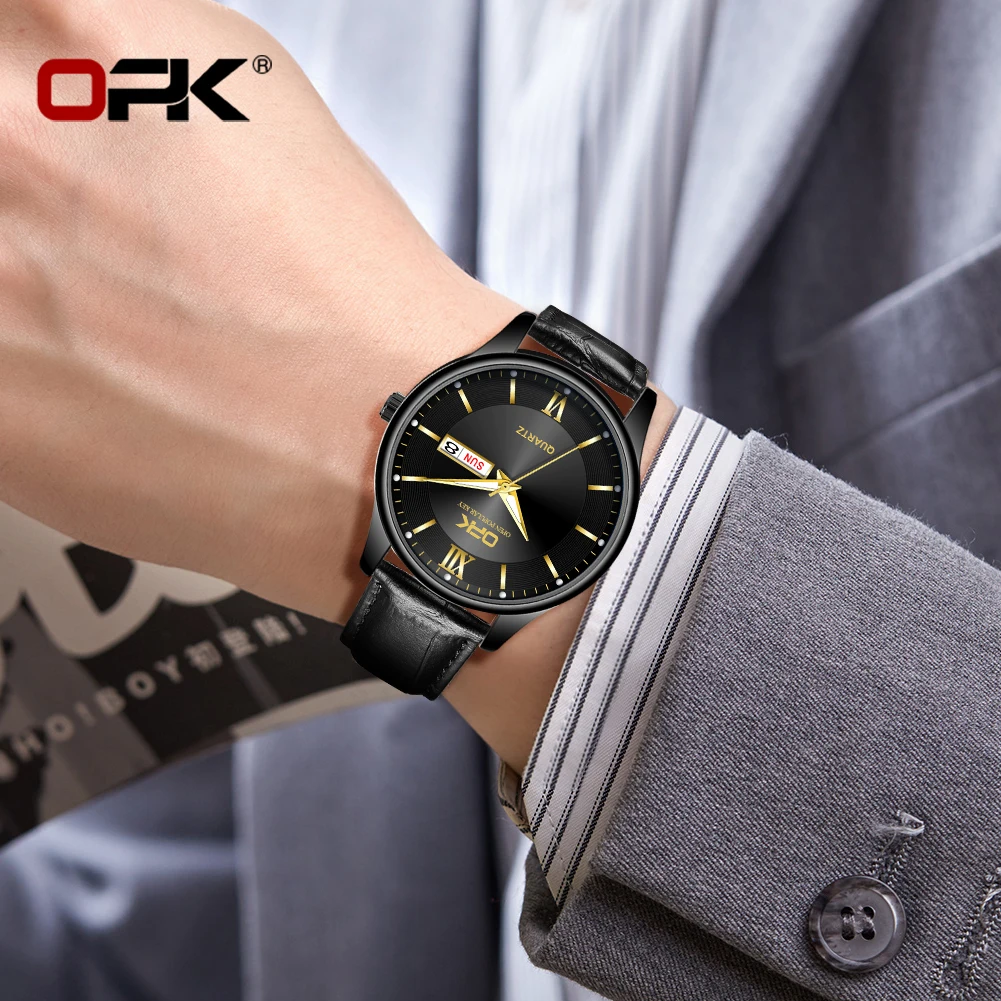 ساعة مضيئة بسيطة للرجال OPK ، حزام العلامة التجارية ، تقويم مزدوج ، زوجين ،