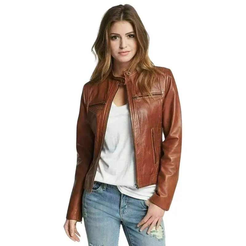 

Biker Motorcycle Stylish Women Genuine Lambskin Leather Jacket Slim Fit Coat