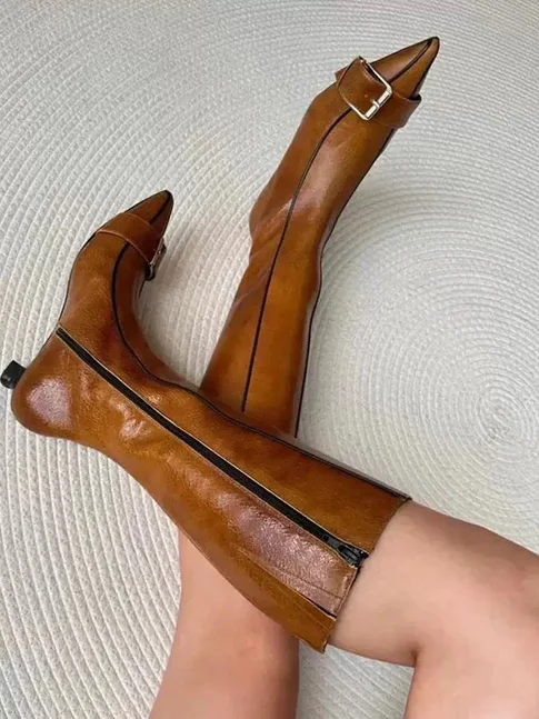 Vintage Pointy Toe Low Heels Real Leather Knee High Boots Women\'s Kitten Heel Brown Zipper Buckled Long Boot Luxury Shoes