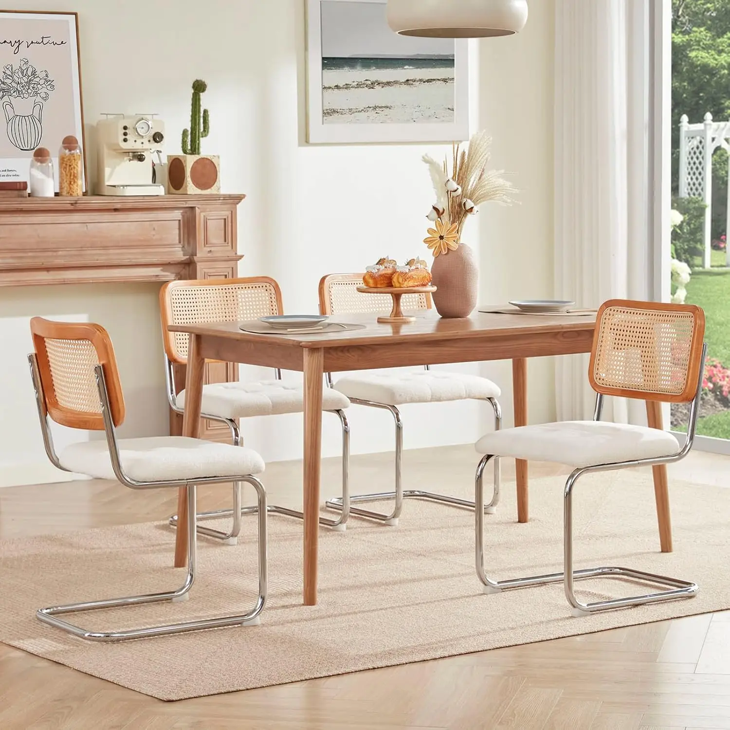 Kitchen Dining Chairs Set Of 2,Mid- Modern Chair Armless Mesh Backrest Cane Rattan Chairs For Home Dining Room(White,Velvet)