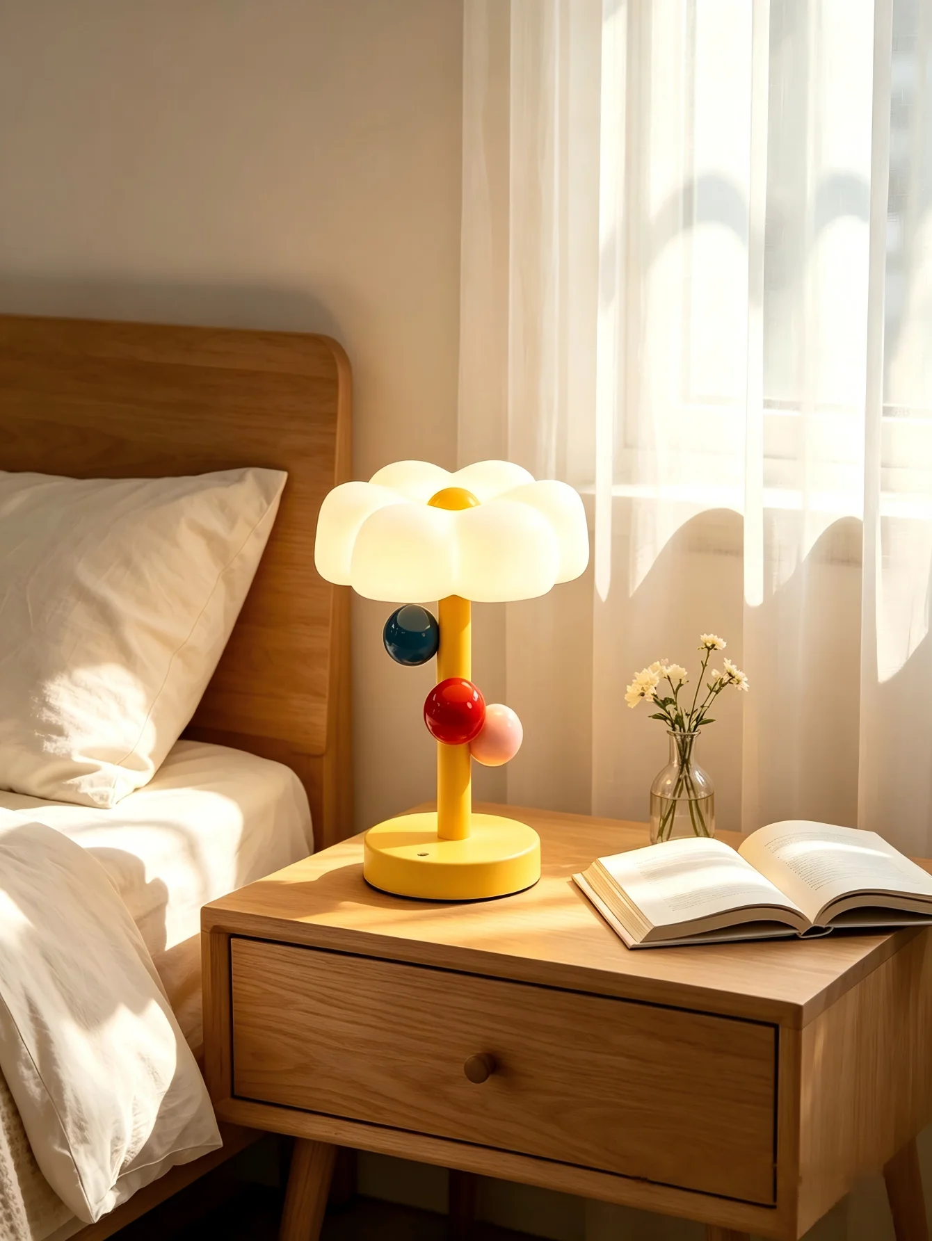 Red Yellow Memphis Style Flower Table Lamp USB Touch LED Nightlamp With Decorative Color Balls Bedroom Kids Room Desktop Lightin