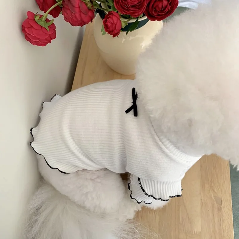 Thin Dog Vest Summer Knitted Cotton Dog Clothes Bow Flying Sleeves Puppy Undershirt Chihuahua Shirt Bichon T-Shirt Dog Costume