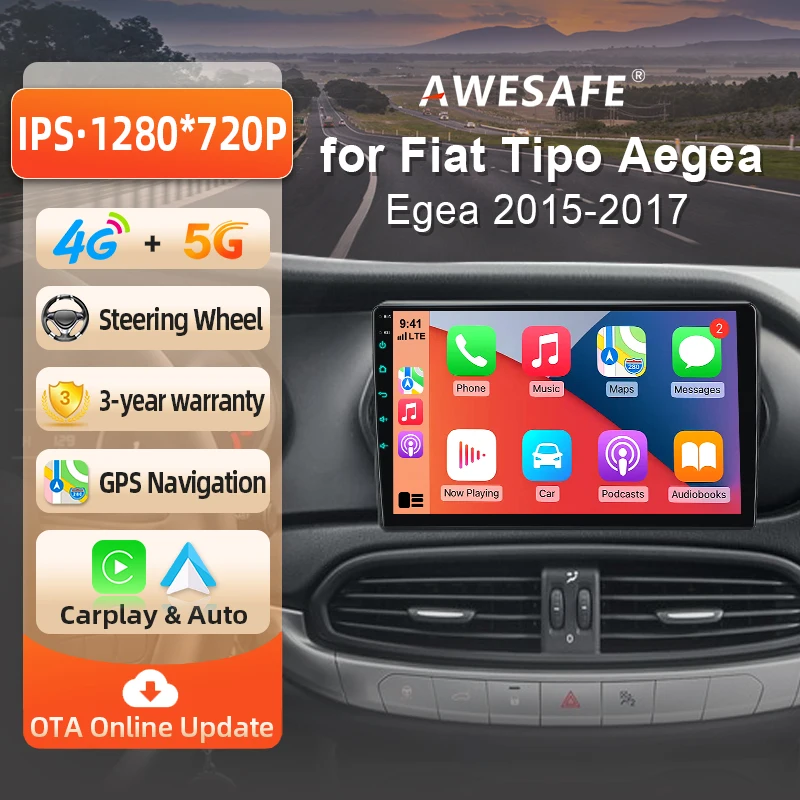 Autoradio sans fil AWESAFE CarPlay Android Auto pour Fiat Tipo Aegea Egea 2015 2016 2017 2 DIN Stéréo multimédia avec ventilateur de refroidissement intégré Navigation GPS SWC Bluetooth FM RDS DSP Écran IPS Systèmes intelligents pour voiture 4G WiFi